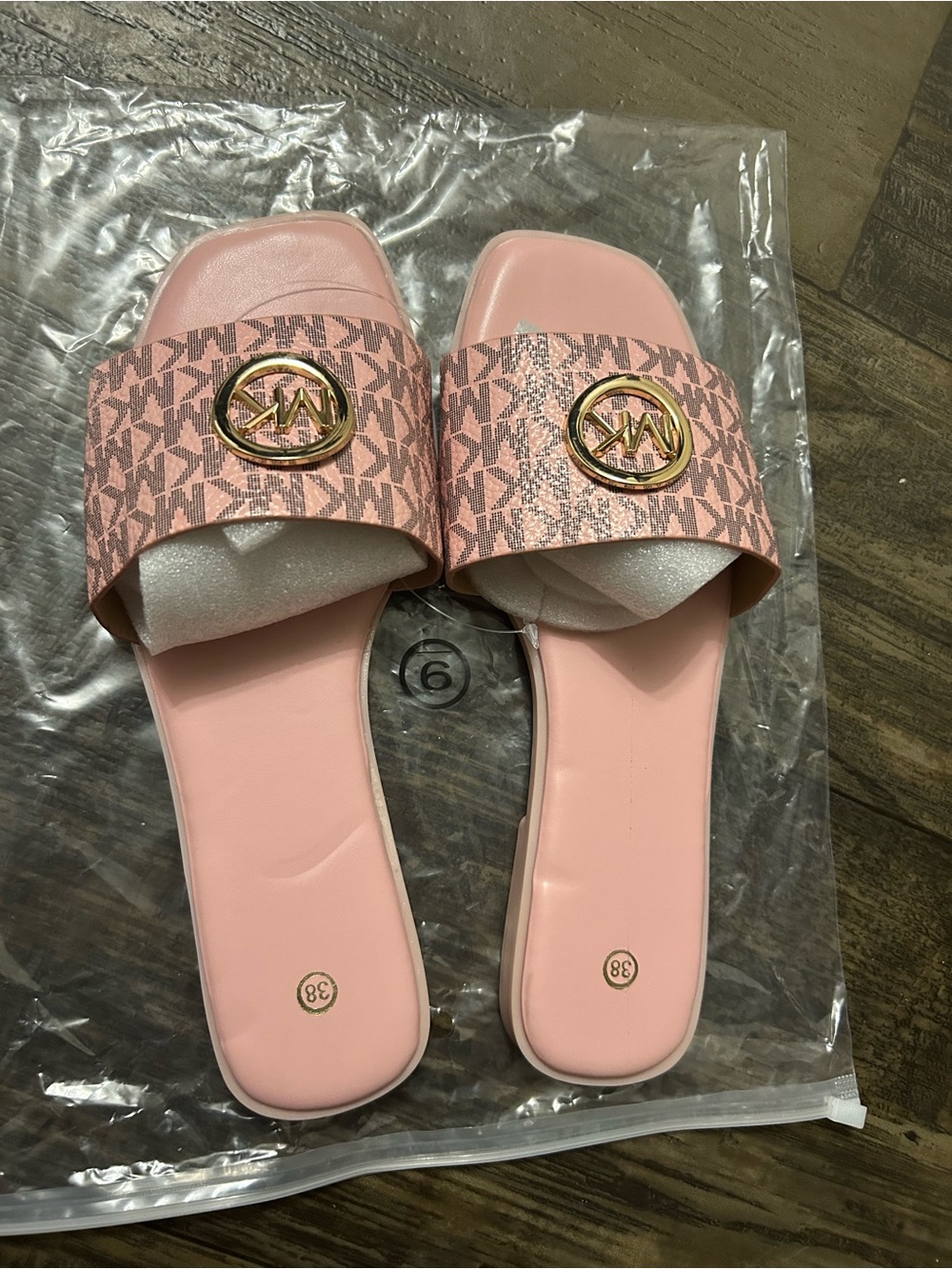 Michael Kors Pink Logo Slide Sandals with Gold Emblem